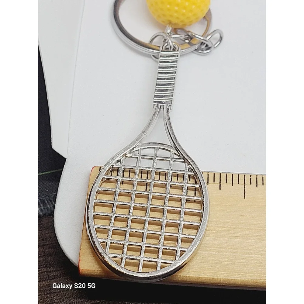 Handmade Tennis Racket‎ Ball Keychain Silver Tone Yellow Charm Women Accessory
